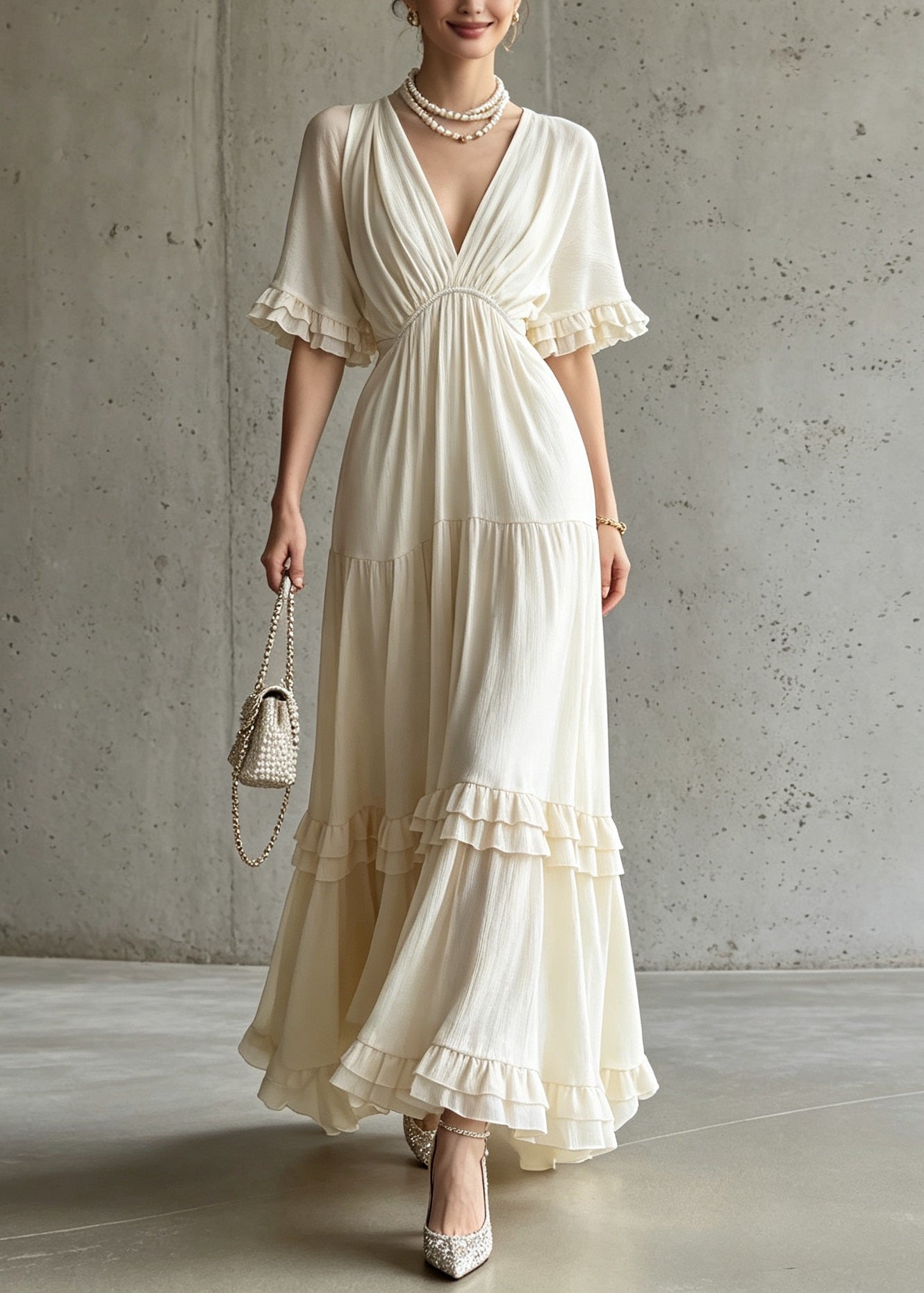 French Apricot V Neck Ruffled Patchwork Cotton Dress Summer