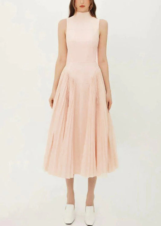 French Apricot Wrinkled Patchwork Spandex Long Dress Sleeveless