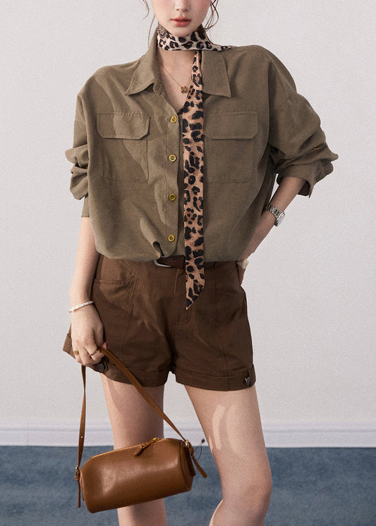 French Army Green Oversized With Pockets Cotton Blouse Tops Fall