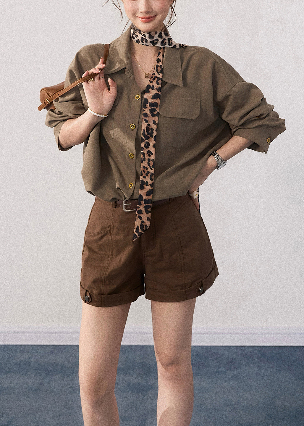 French Army Green Oversized With Pockets Cotton Blouse Tops Fall