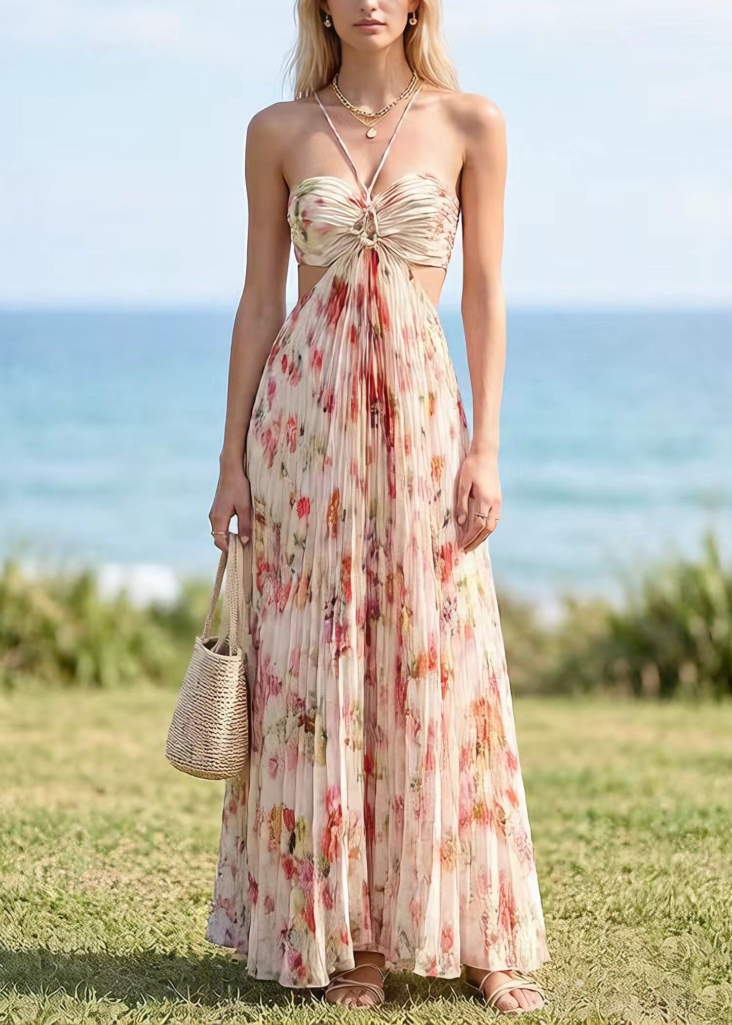 French Backless Print Halter Lace Up Chiffon Dress Summer