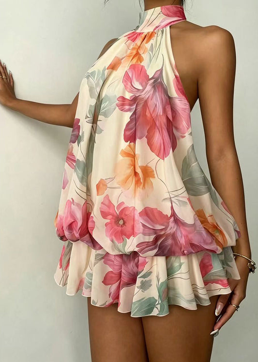 French Beige Cold Shoulder Lace Up Print Chiffon Mini Dress Summer