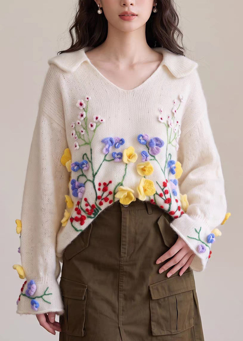 French Beige Embroidered Floral Cotton Knit Sweaters Fall