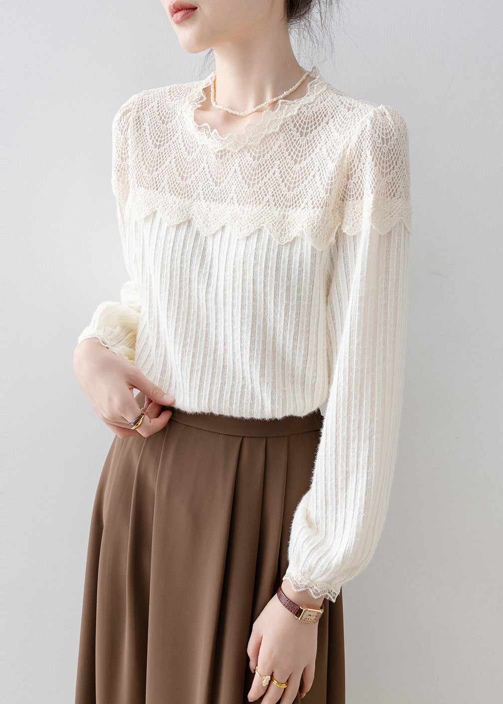 French Beige Lace Patchwork Knit Blouses Spring