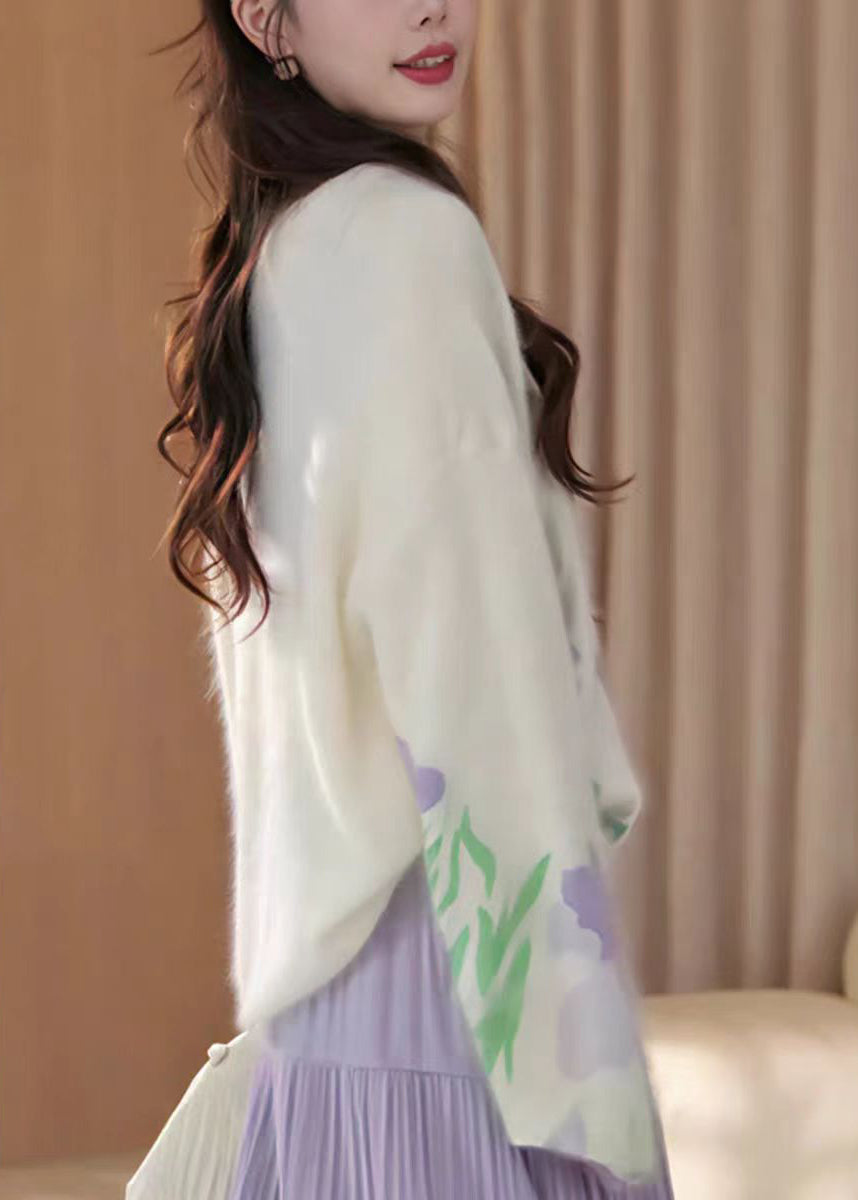 French Beige O Neck Floral Knit Sweater Tops Fall