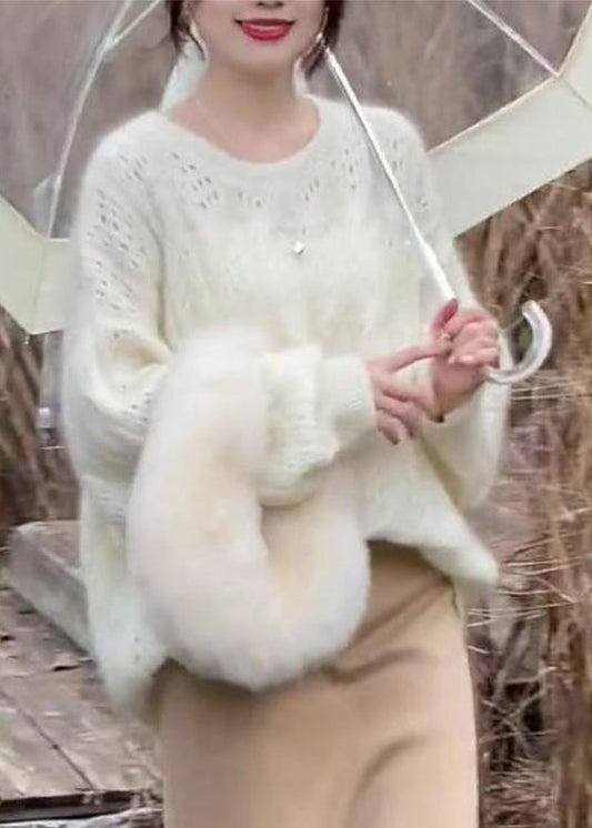 French Beige O Neck Hollow Out Woolen Knit Sweaters Spring