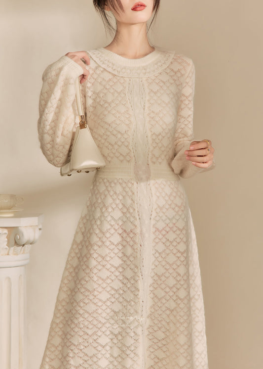 French Beige O Neck Jacquard Knitted Dress Spring