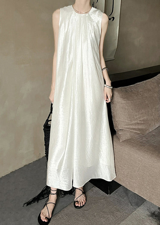 French Beige O Neck Solid Silk Long Dresses Sleeveless