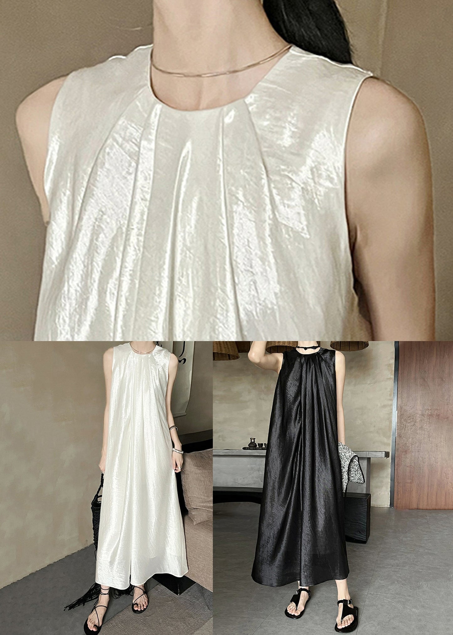 French Beige O Neck Solid Silk Long Dresses Sleeveless