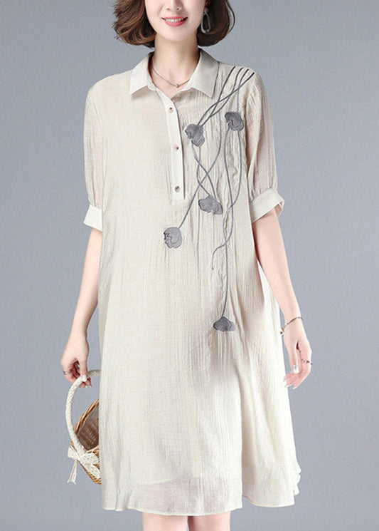 French Beige Peter Pan Collar Embroideried Button Long Dress Summer