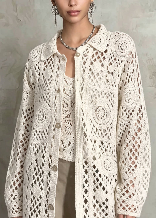 French Beige Peter Pan Collar Hollow Out Knit Cardigan Fall