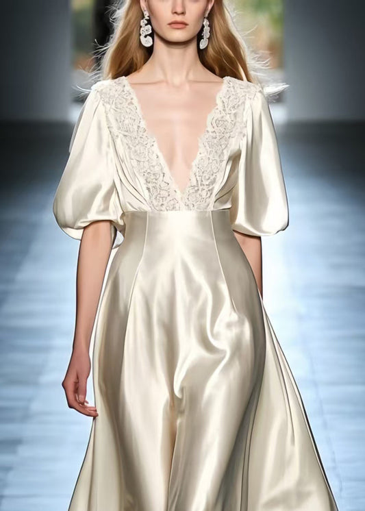 French Beige Puff Sleeve Patchwork Lace Silk Dress Lantern Sleeve