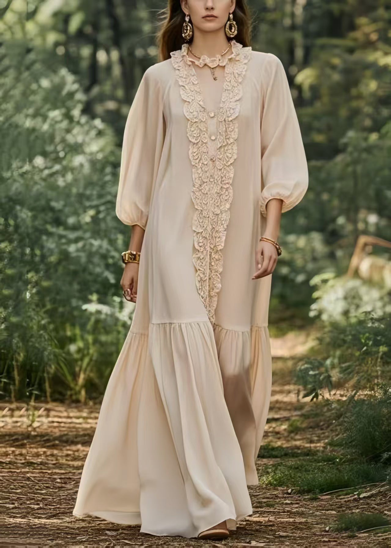 French Beige Ruffled Chiffon Ankle Dress Lantern Sleeve