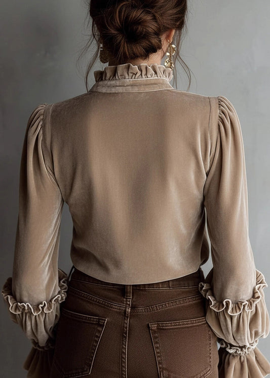 French Beige Ruffled Embroidered Patchwork Velour Tops Fall