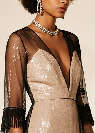 French Beige Tasseled Patchwork Tulle Work Dress Summer