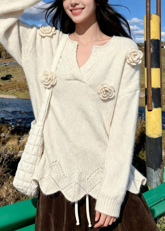French Beige V Neck Hollow Out Rose Thick Cotton Knit Sweater Spring