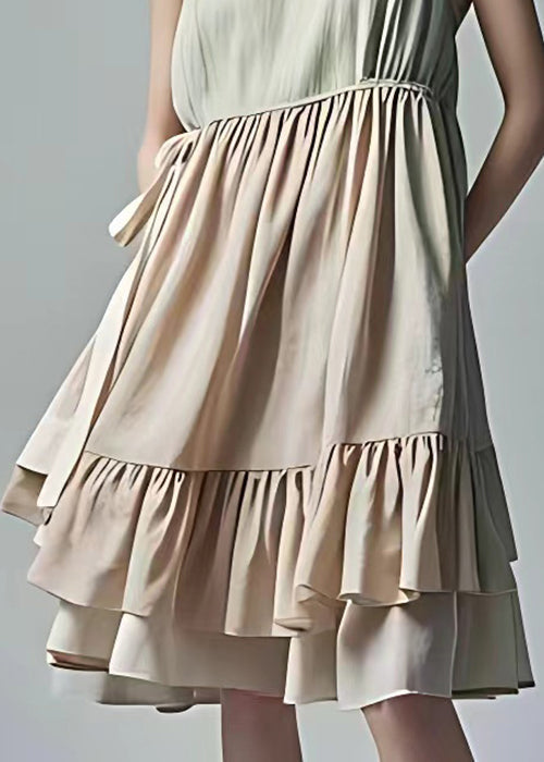 French Beige Wrinkled Lace Up Cotton Dress Sleeveless