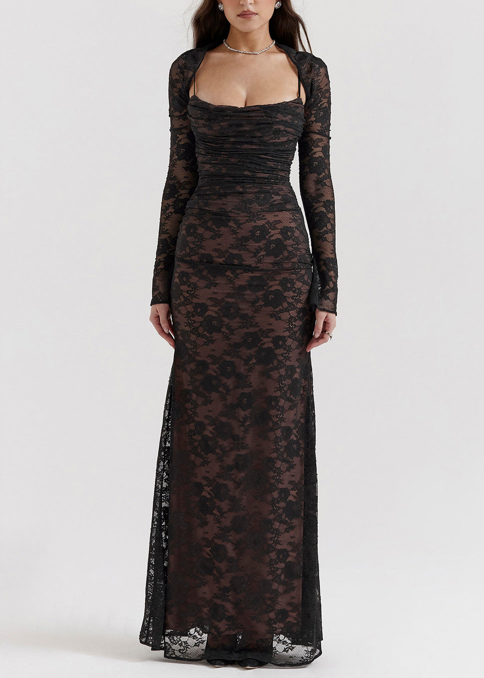 French Black Back Cross Strap Silm Fit Lace Party Dress Two Piece Set Sleeveless