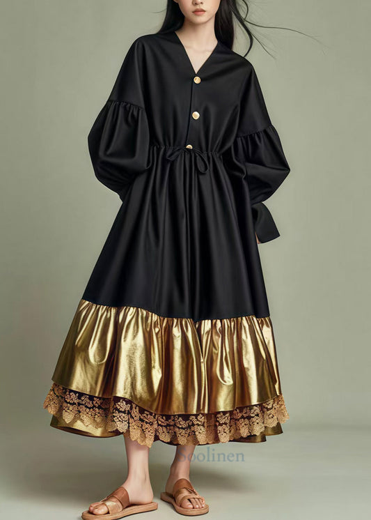 French Black Cinched Patchwork Cotton Party Dress Lantern Sleeve