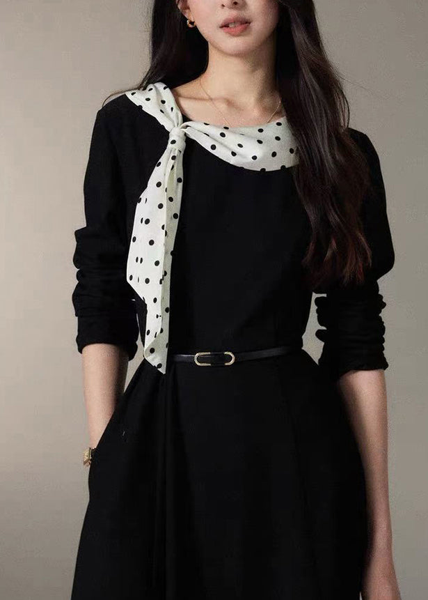 French Black Cinched Patchwork Scarf Cotton Dress Fall
