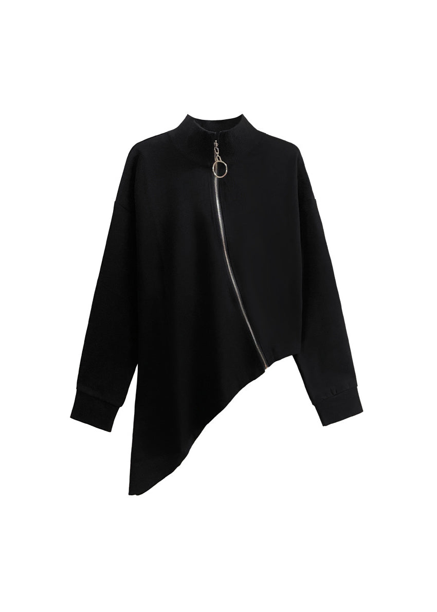 French Black High Neck Zip Up Patchwork Asymmetrical Knit Sweaters