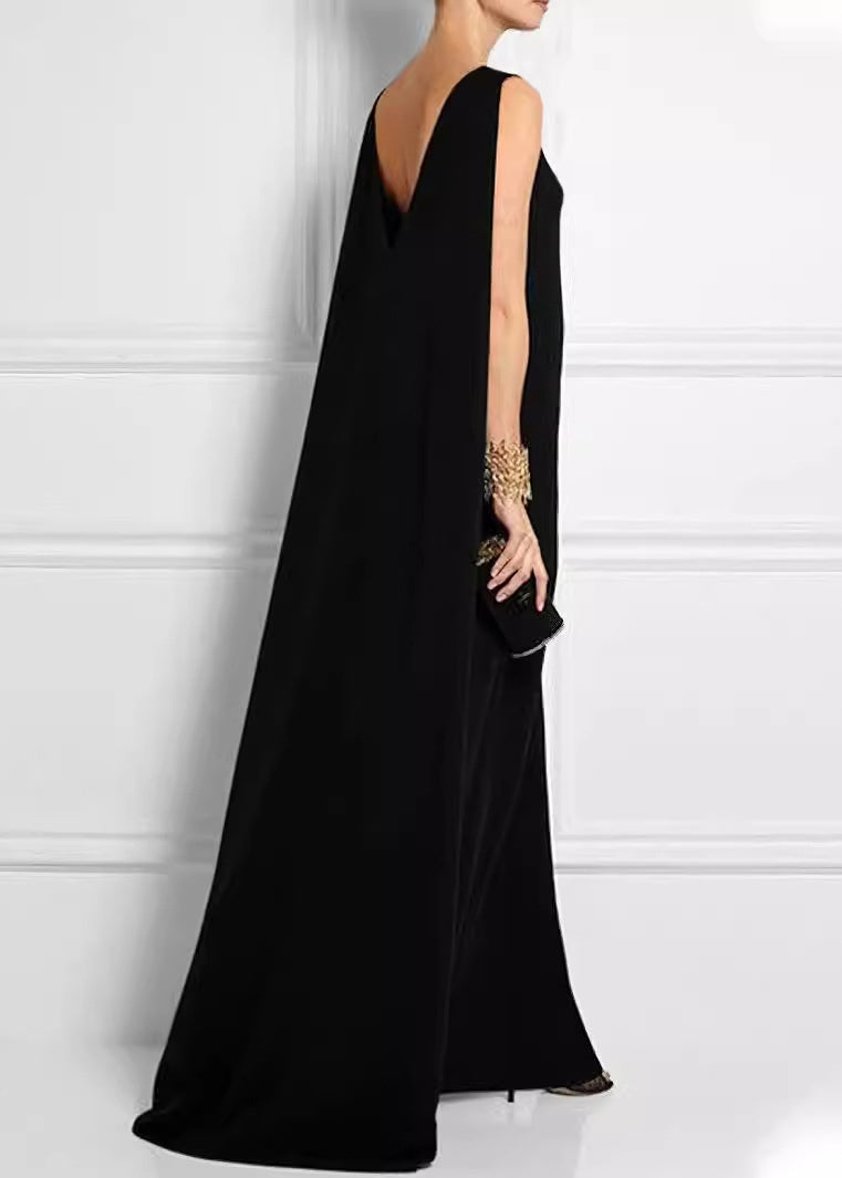 French Black High Waist Solid Cotton Ankle Dress Sleeveless