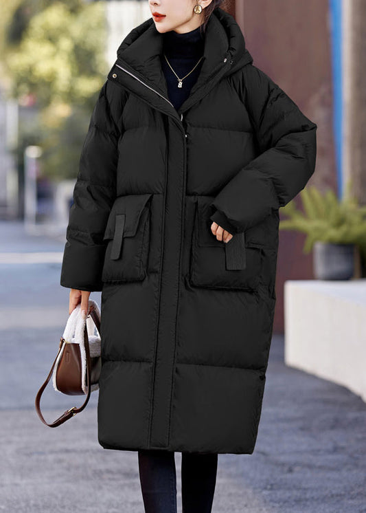 French Black Hooded Pockets Duck Down Winter Coats