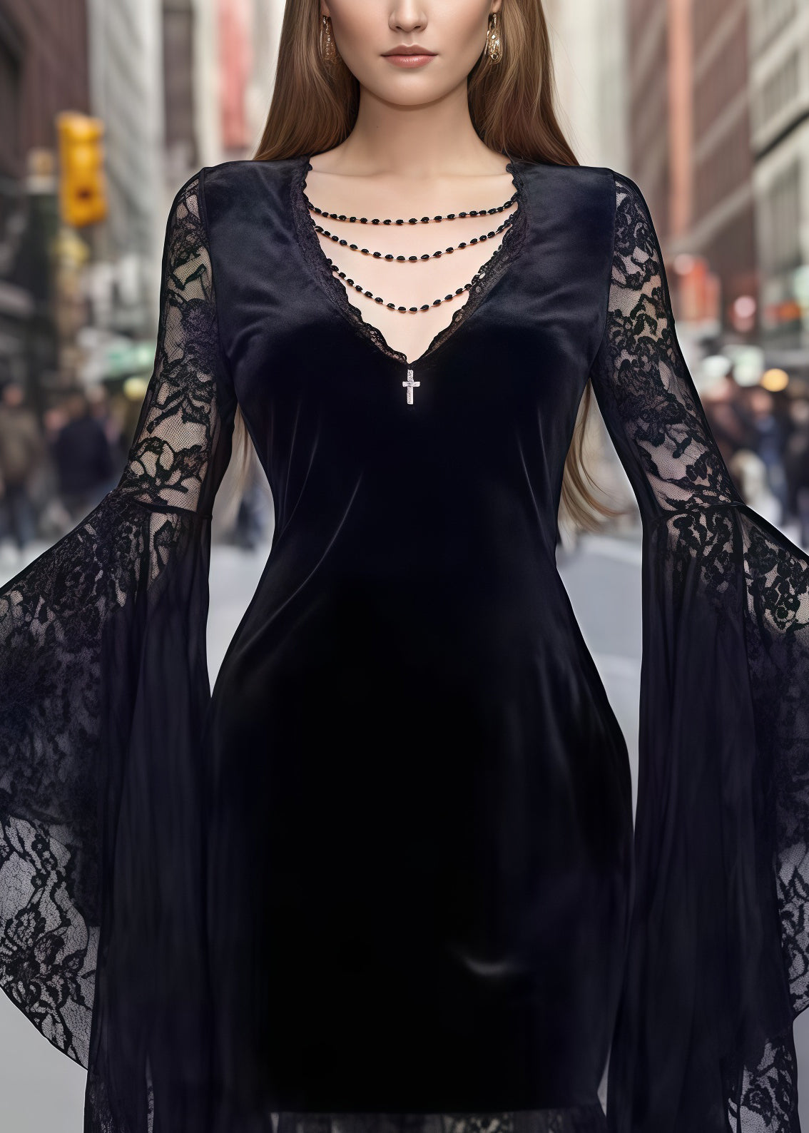 French Black Lace Patchwork Silk Velvet Evening Dresses Flare Sleeve