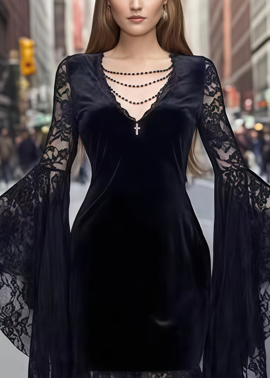 French Black Lace Patchwork Silk Velvet Evening Dresses Flare Sleeve