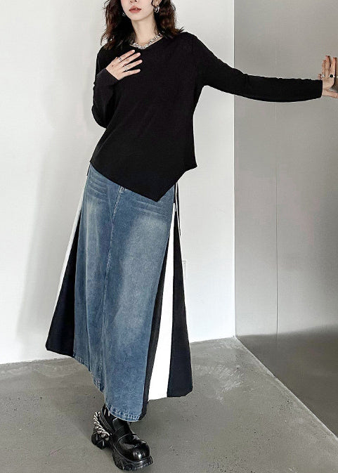 French Black O-Neck Asymmetrical Cotton Sweatshirt Fall