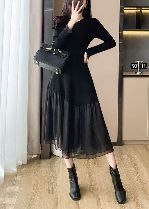 French Black O Neck Asymmetrical Patchwork Knit Long Sweater Winter