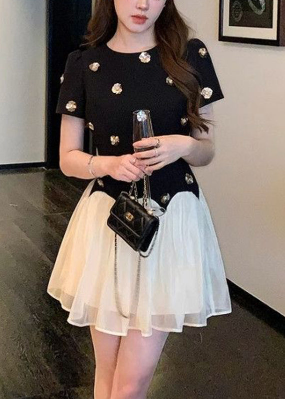 French Black O-Neck Floral Mid Dresses Summer