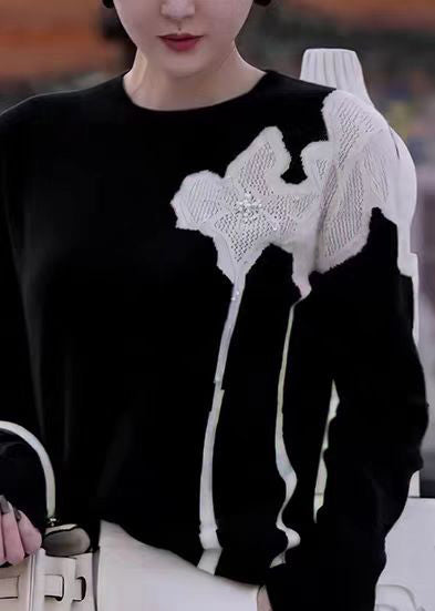 French Black O Neck Floral Nail Bead Knit Sweater Fall