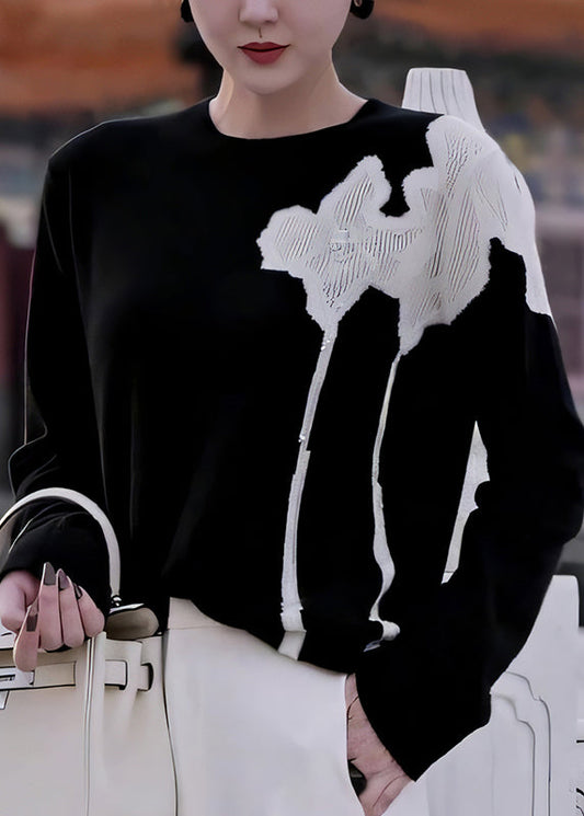 French Black O Neck Print Nail Bead Knit Sweater Fall