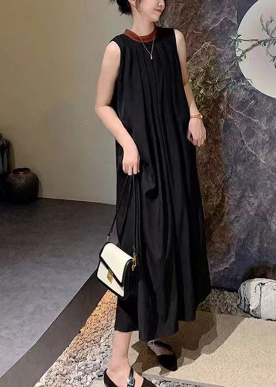 French Black O-Neck Wrinkled Cotton Dresses Sleeveless