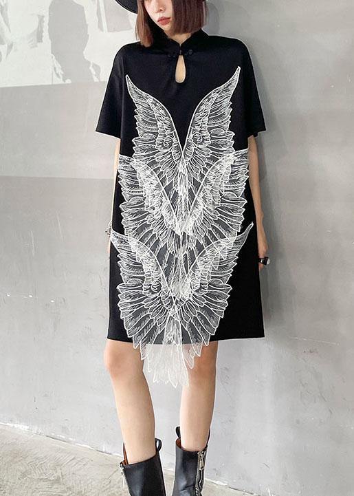 French Black Oriental Appliques Shift Dresses Summer - SooLinen