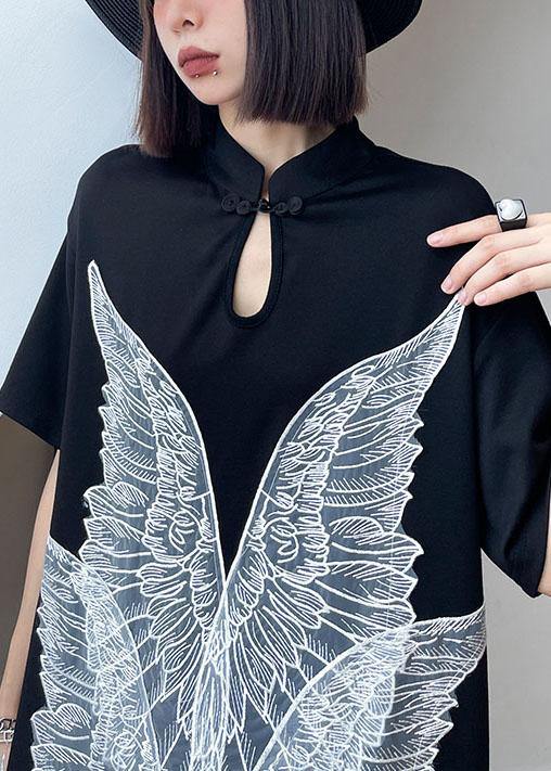 French Black Oriental Appliques Shift Dresses Summer - SooLinen