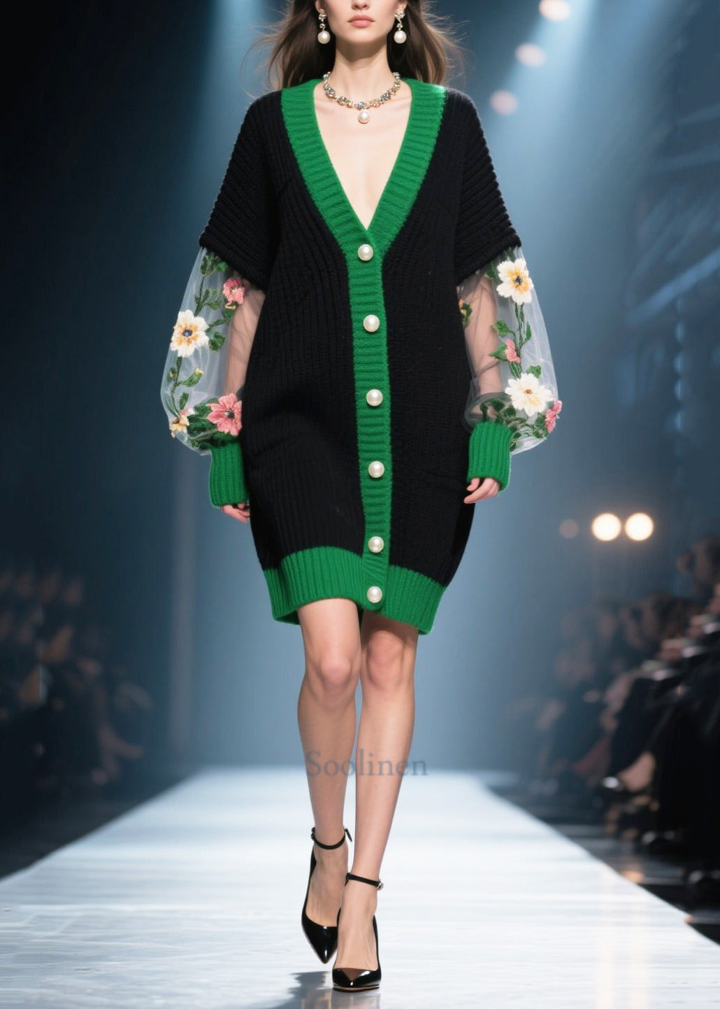 French Black Oversized Patchwork Tulle Long Knit Coats Winter