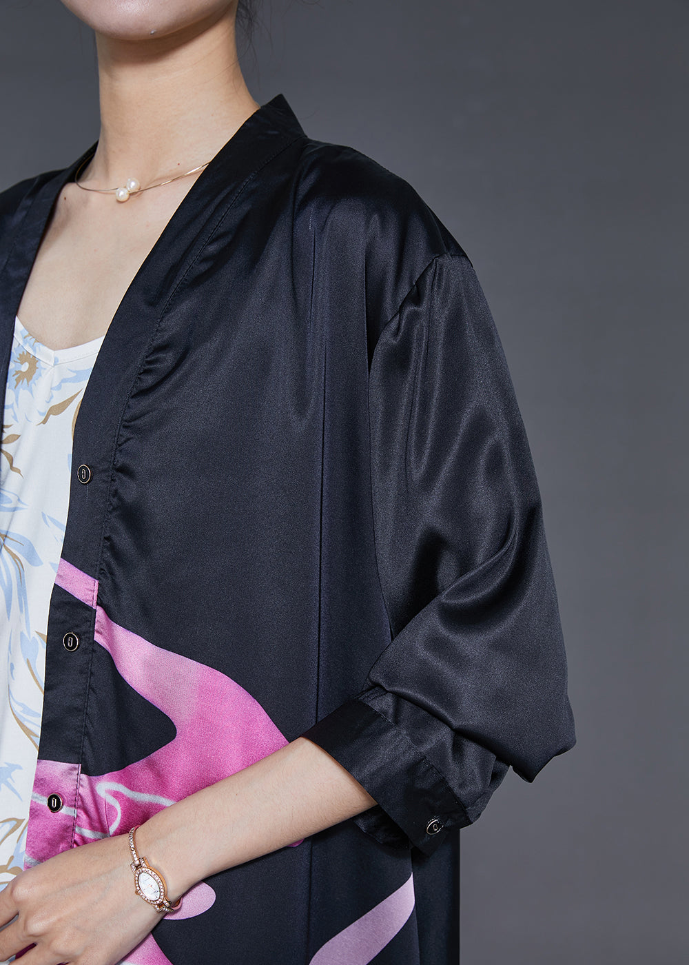 French Black Oversized Print Silk Vacation Dresses Summer