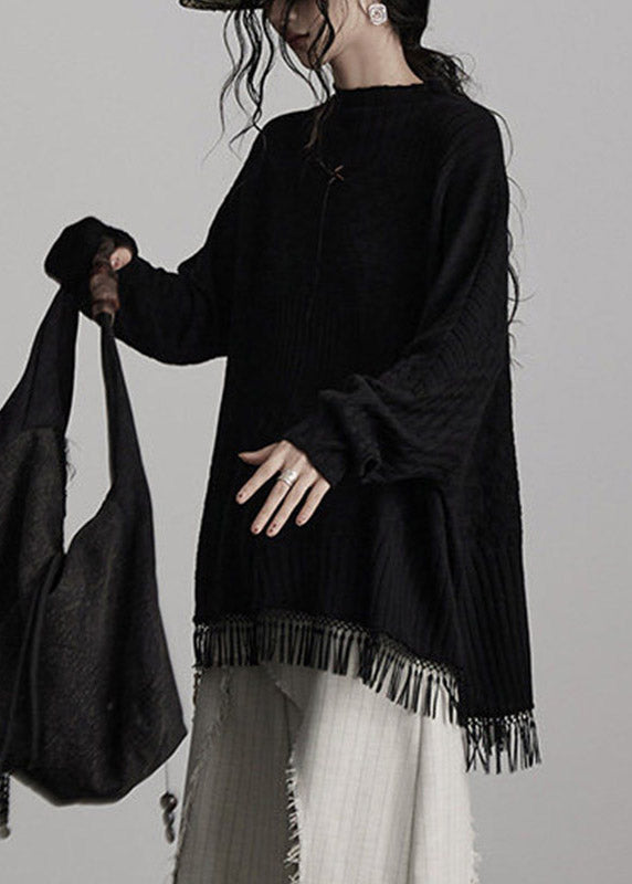 French Black Patchwork Solid Cotton Knit Sweaters Fall