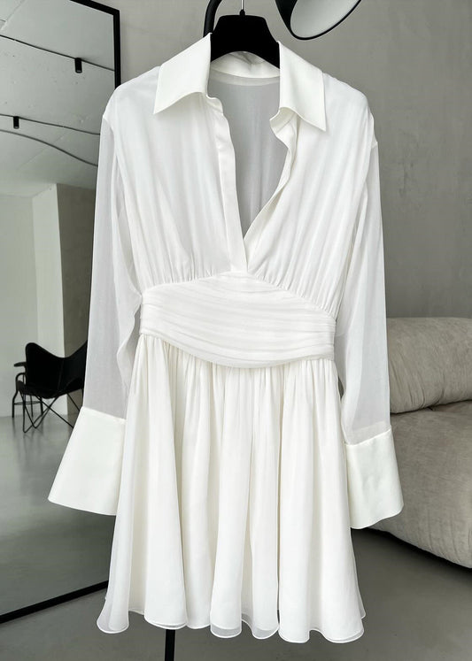 French Black Peter Pan Collar Button Chiffon Shirts Dress Spring