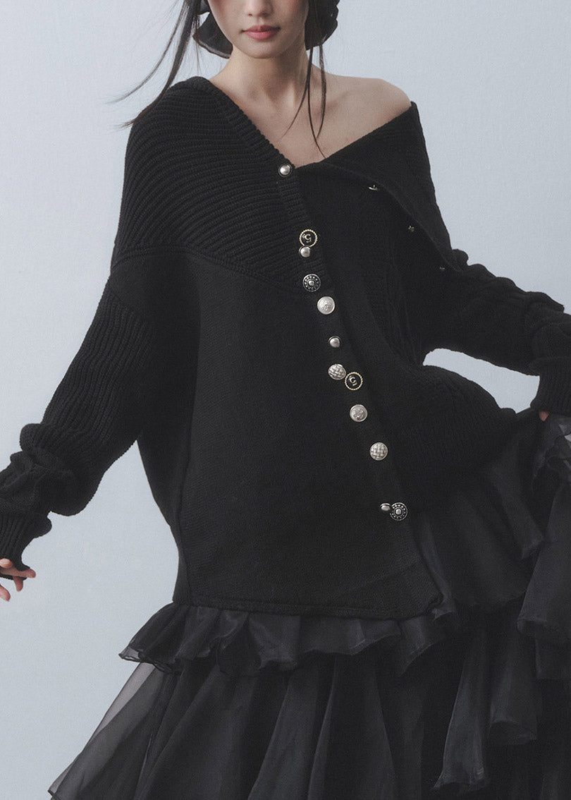 French Black Peter Pan Collar Cold Shoulder Cotton Knit Cardigans Fall