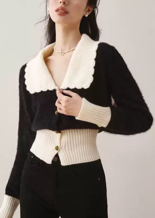 French Black Peter Pan Collar Patchwork Knit Cardigan Spring