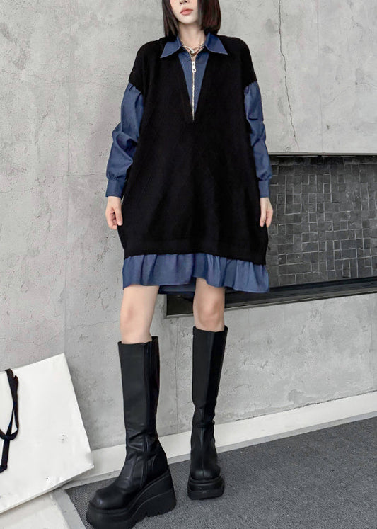 French Black Peter Pan Collar Zippered Denim Patchwork Mid Dresses Spring