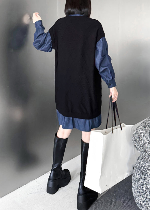 French Black Peter Pan Collar Zippered Denim Patchwork Mid Dresses Spring