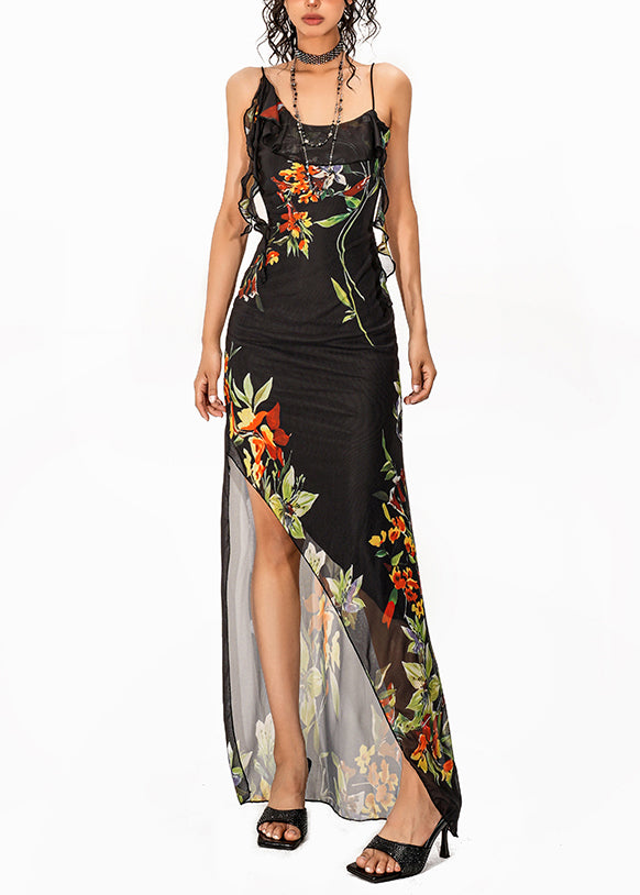 French Black Print Asymmetrical Design Long Spaghetti Strap Dress Sleeveless