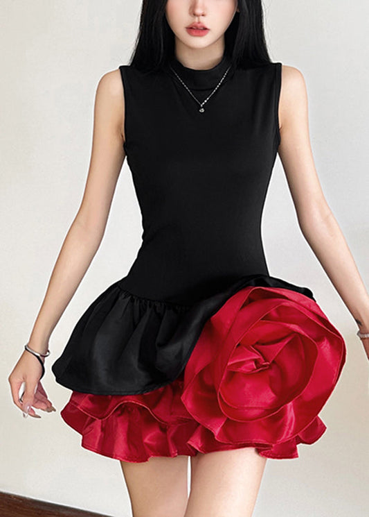 French Black Rose Floral Mid Dresses Sleeveless