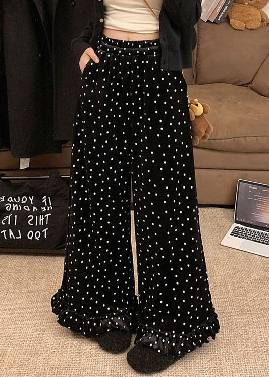 French Black Ruffled Dots Silk Velour Wide Leg Trousers Winter