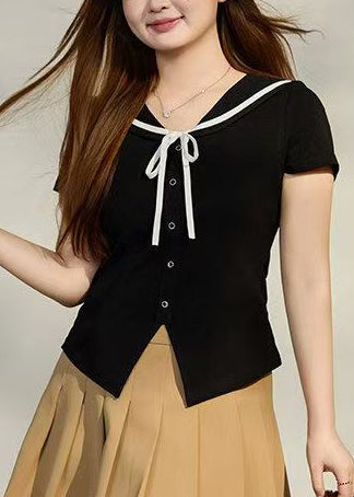 French Black Sailor Collar Side Open Cotton Tops Summer