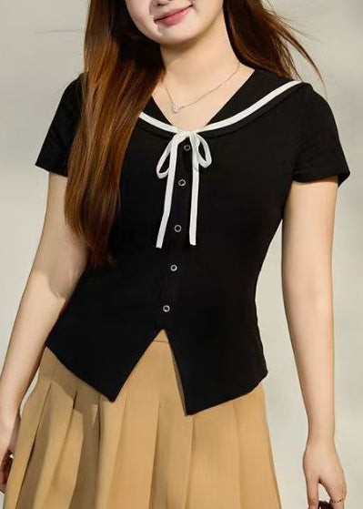 French Black Sailor Collar Side Open Cotton Tops Summer